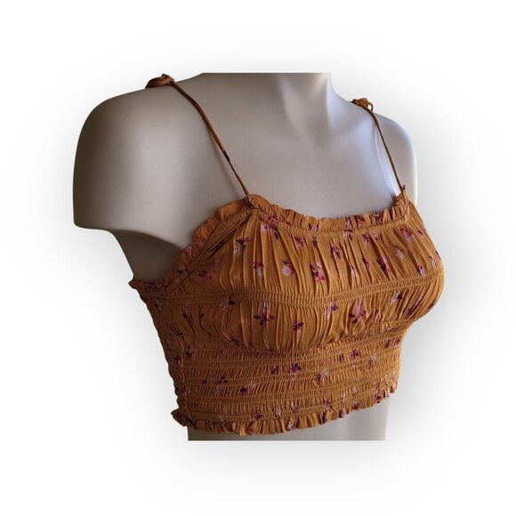 Free People Smocked Floral Ruffled Kaia Tank Top XS Mango EUC - Picture 3 of 9